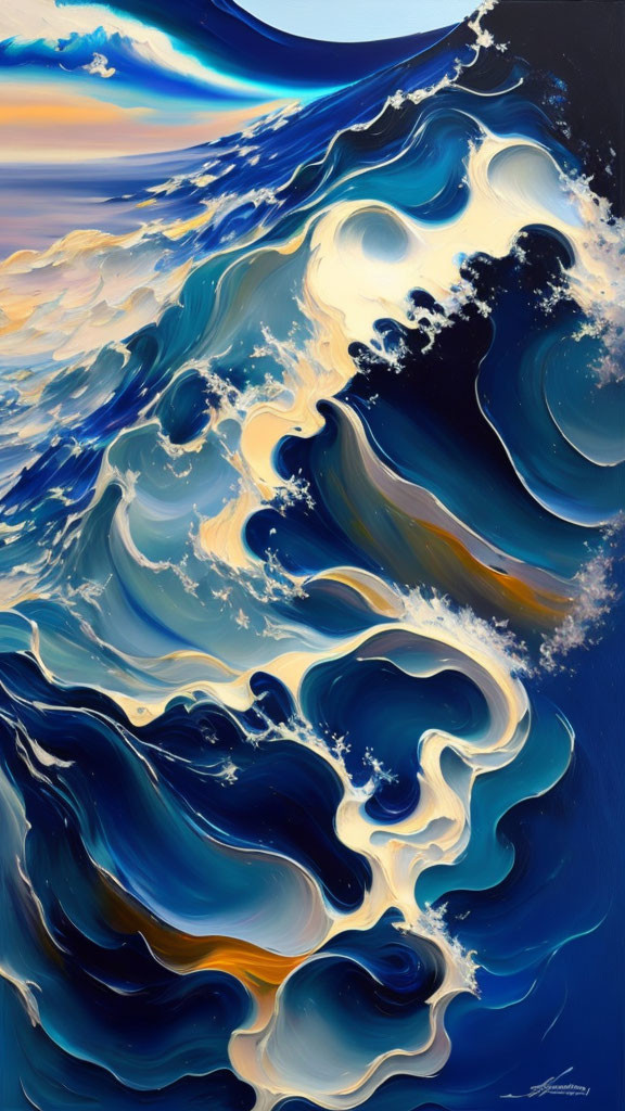 Abstract Painting: Blue, White, and Gold Swirling Wave Patterns