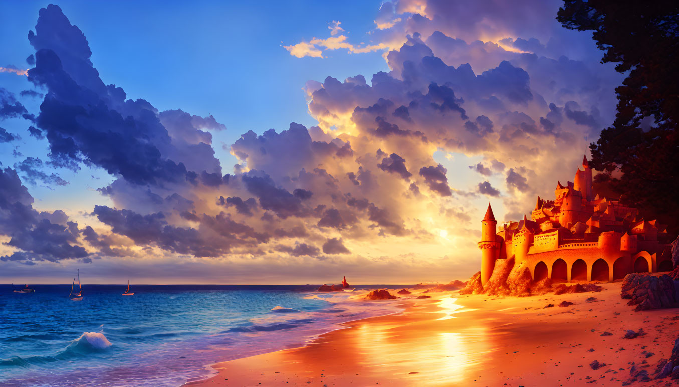 Scenic beach sunset with fantasy castle and vibrant sky