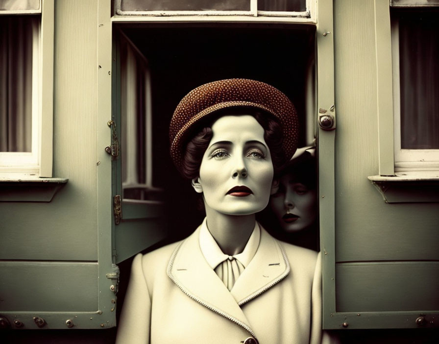 Vintage-styled photograph of woman in hat and reflection in window pane