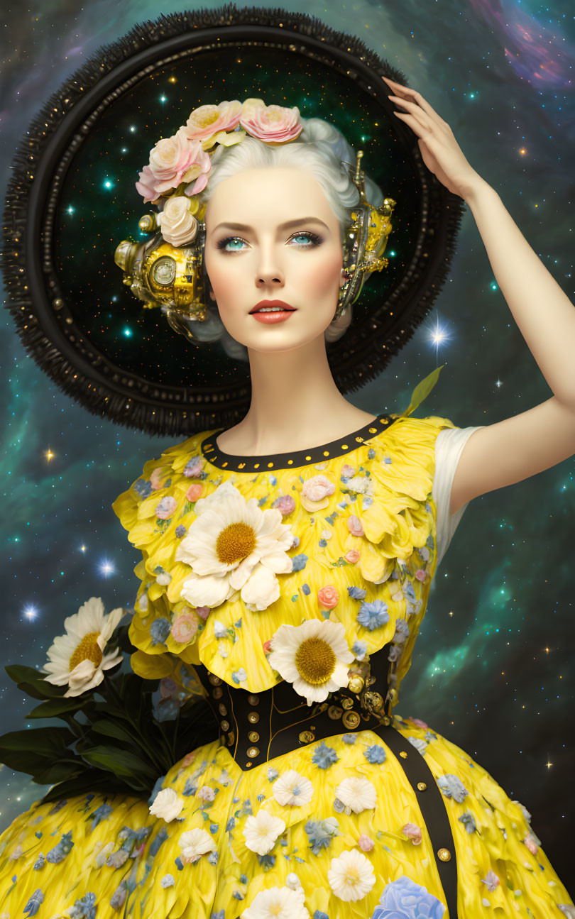 Surreal portrait of woman with porcelain skin and blue eyes in yellow floral dress against cosmic backdrop