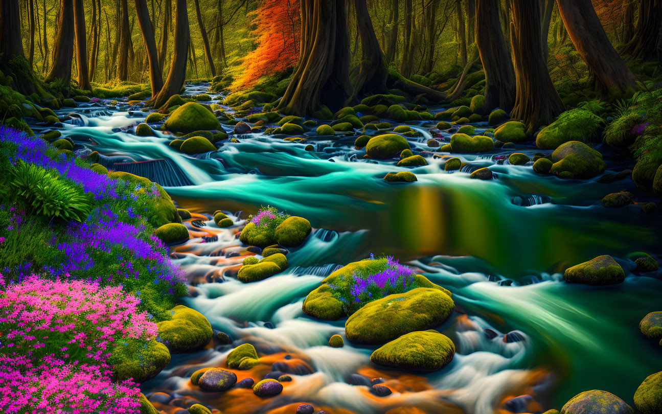 Vivid forest scene with blue stream, moss-covered stones, pink and purple flowers