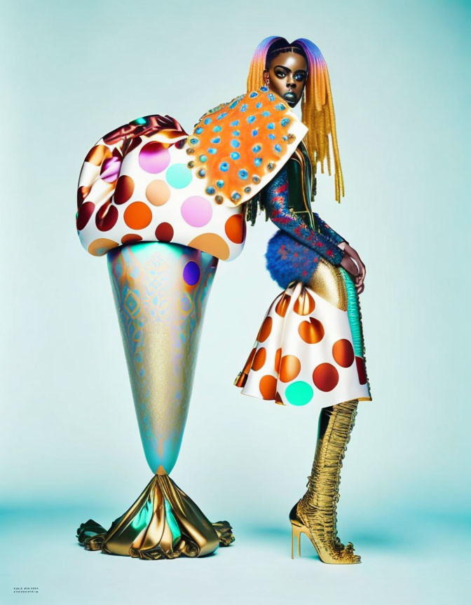 Avant-garde outfit with high collar, asymmetrical skirt, metallic boots on teal backdrop