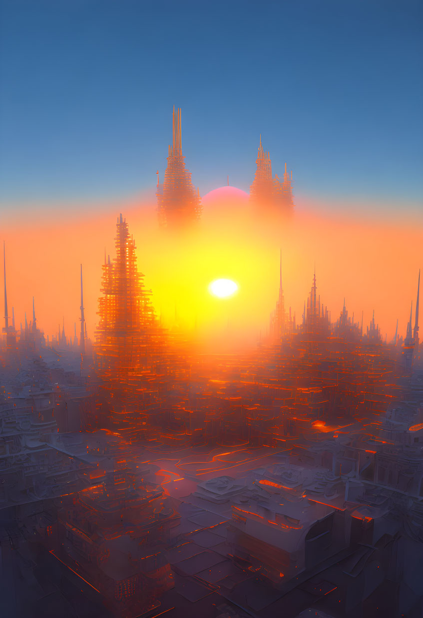 Sunset behind futuristic cityscape with towering spires in warm orange glow