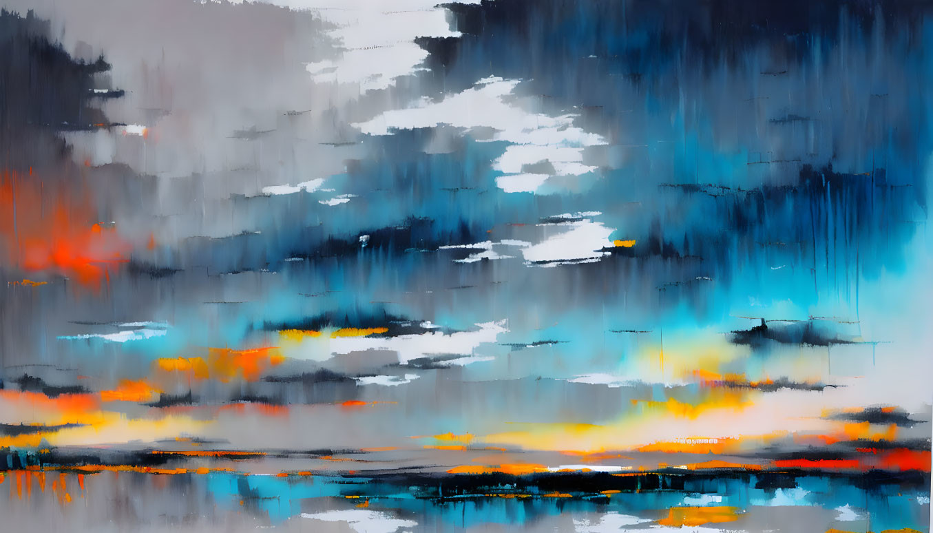 Abstract Painting: Blues, Grays, and Orange Fusion Depicting Stormy Waterscape