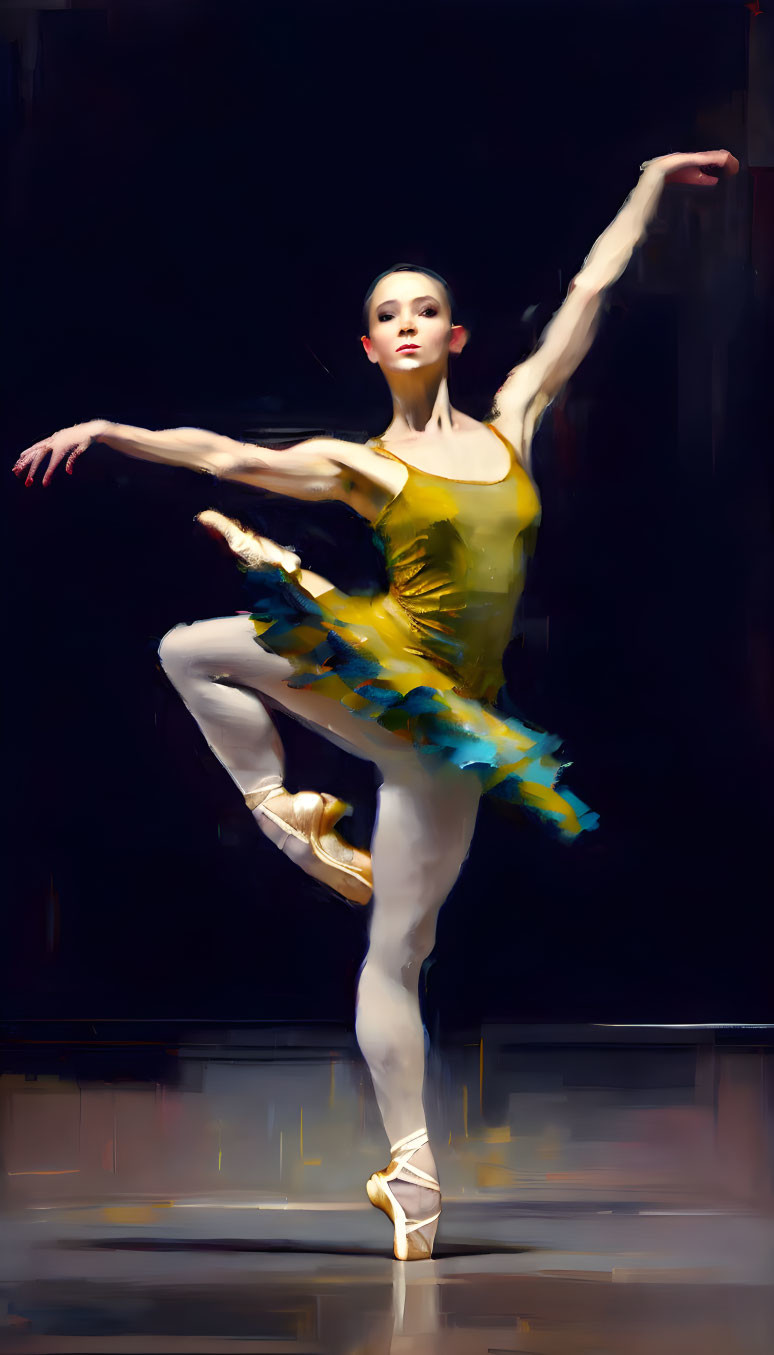 Yellow tutu ballerina in graceful dance pose on stage