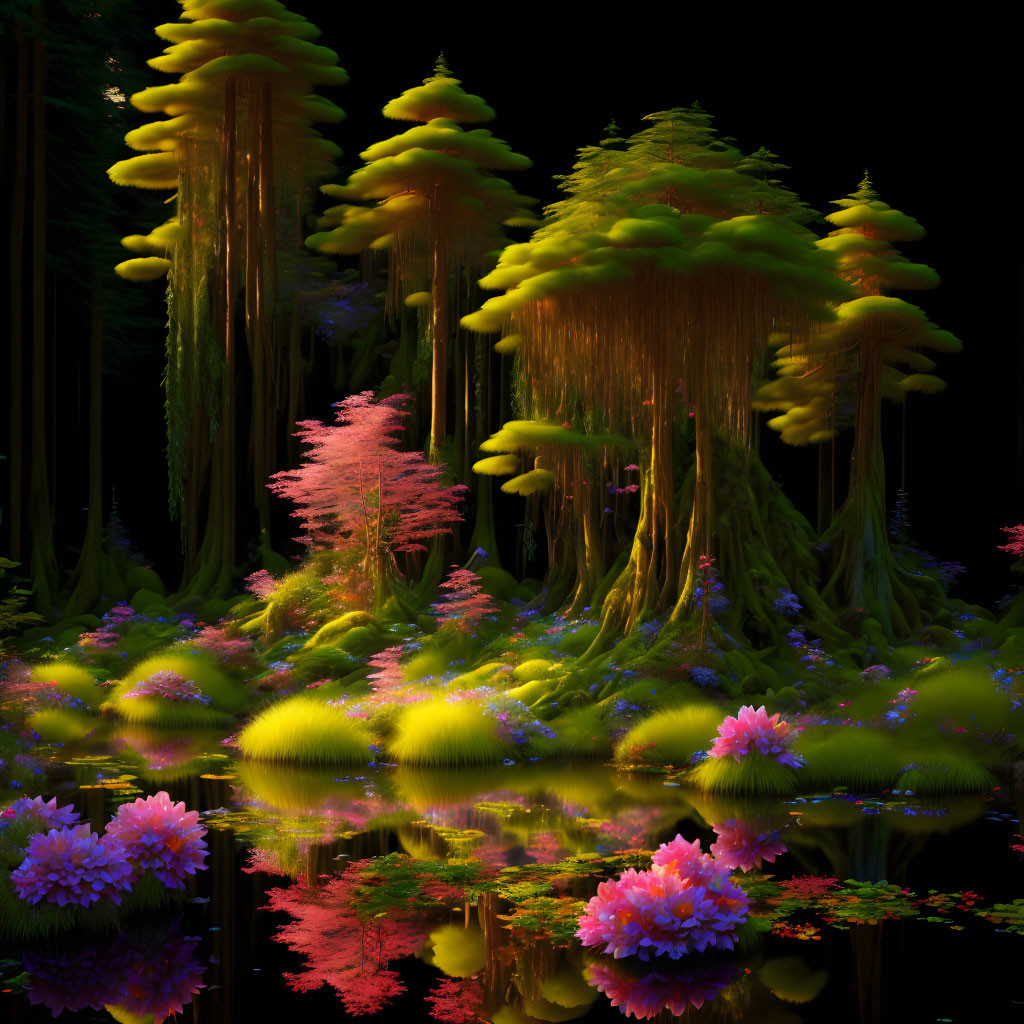 Vibrant neon forest scene with glowing plants and luminous trees