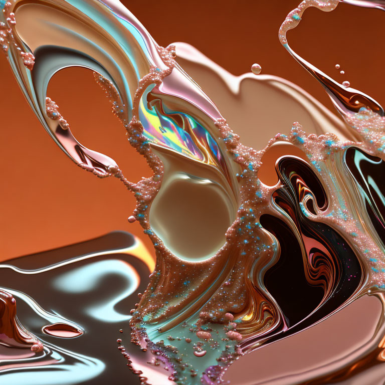 Swirling metallic liquid in copper, gold, and multicolor reflections