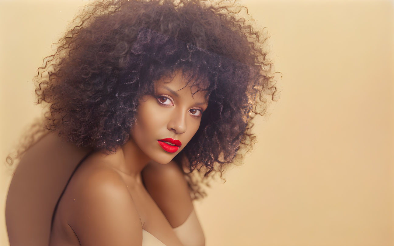 Woman with Voluminous Curly Hair and Red Lipstick on Soft Yellow Background