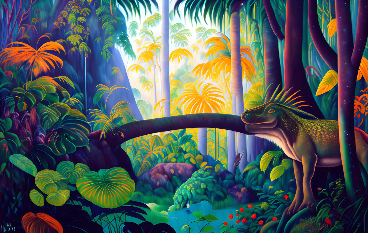 Colorful prehistoric jungle scene with dinosaur crossing fallen tree.