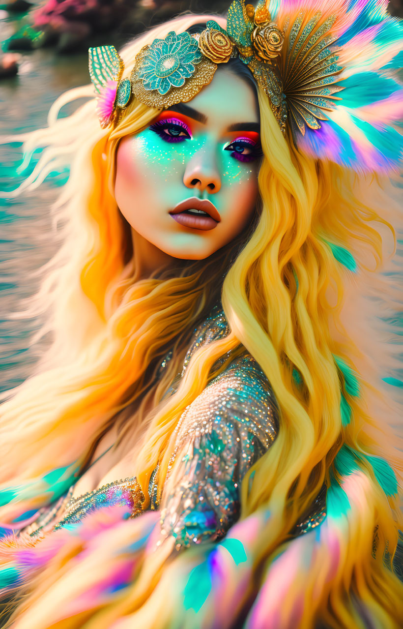 Portrait of woman with golden hair and decorative headpiece on colorful background