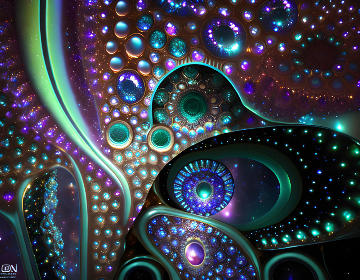 Colorful digital fractal featuring intricate patterns in blues, purples, and gold.