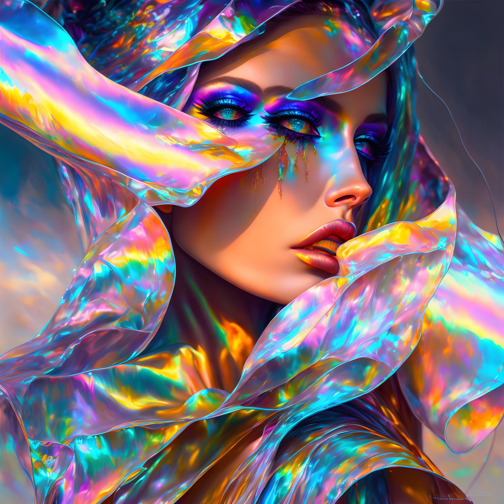 Iridescent Makeup Woman in Shimmering Fabric Against Colorful Background