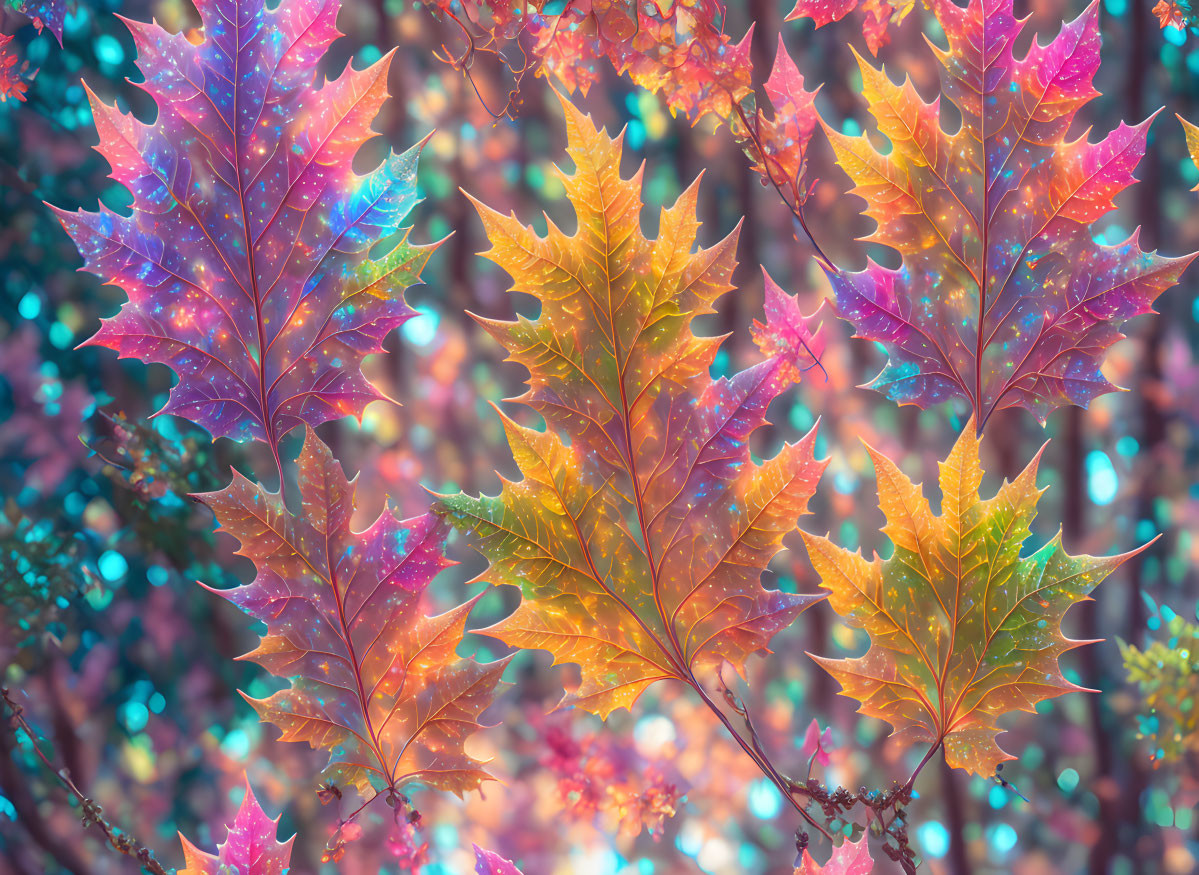 Colorful Autumn Oak Leaves with Magical Sparkling Background