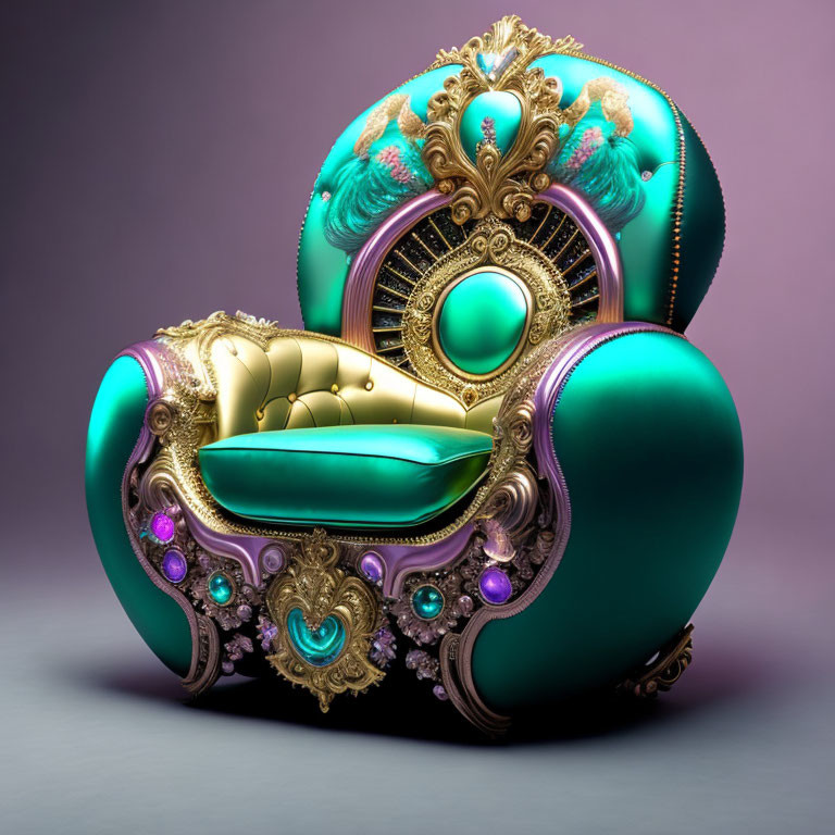 Luxurious teal and gold armchair with intricate detailing on purple background