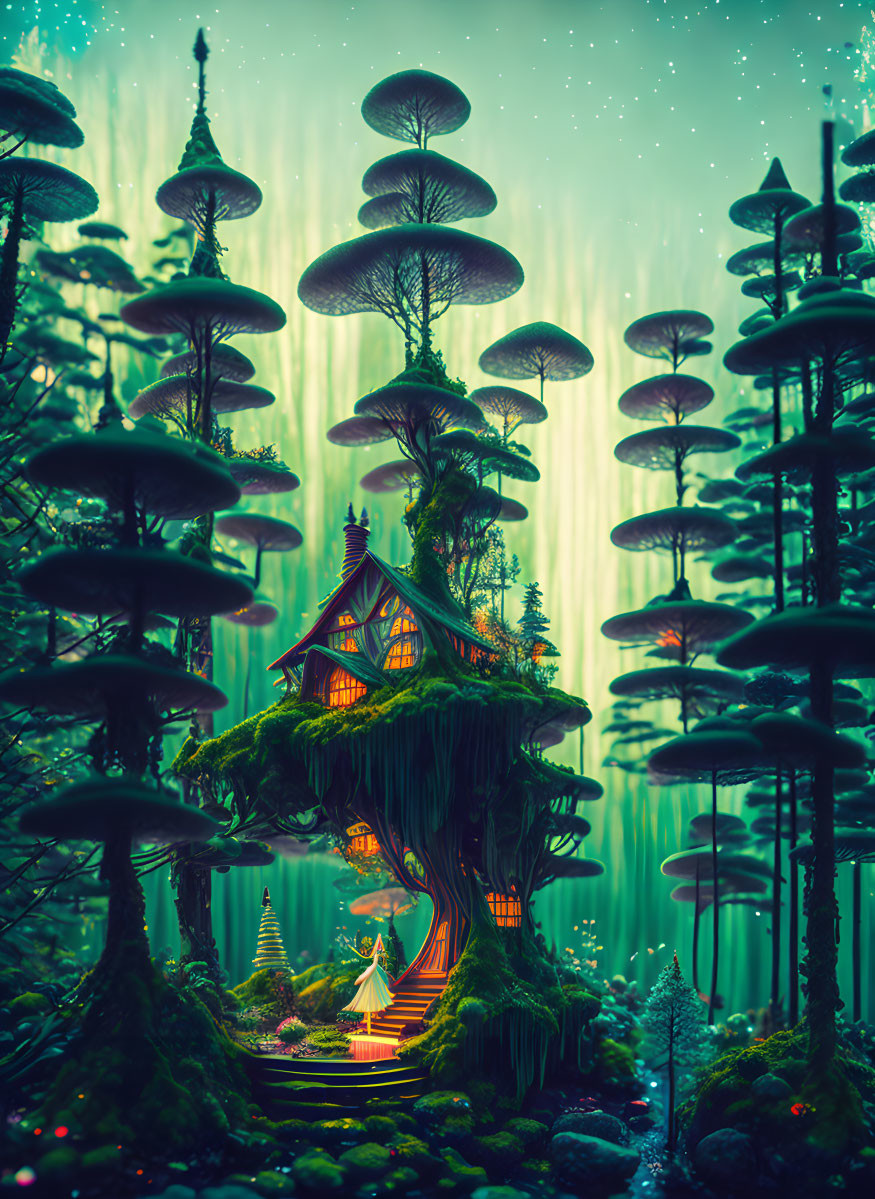 Enchanting artwork: Glowing treehouse, mushrooms, starlit sky, figure on staircase