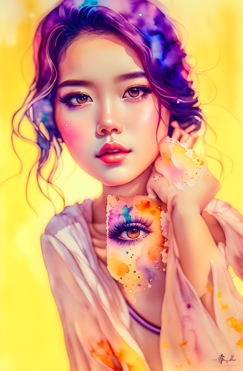 Colorful digital illustration: Young woman with purple hair and eye painted on hand on yellow background