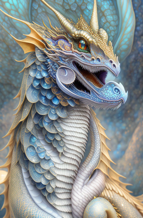 Detailed Illustration: Majestic Dragon with Blue and Gold Scales