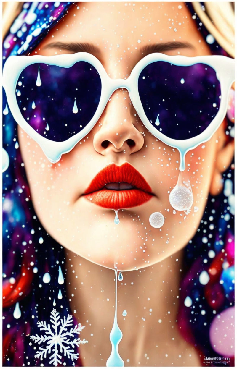 Vibrant digital artwork of woman in heart sunglasses under starry sky