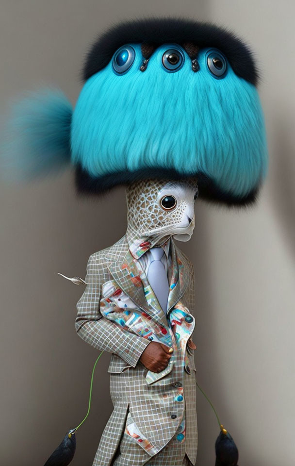 Figure in Patterned Suit with Lace-Covered Face and Blue Furry Hat