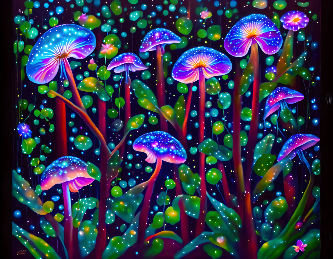 Colorful Mushrooms in Enchanted Forest with Fluorescent Glow