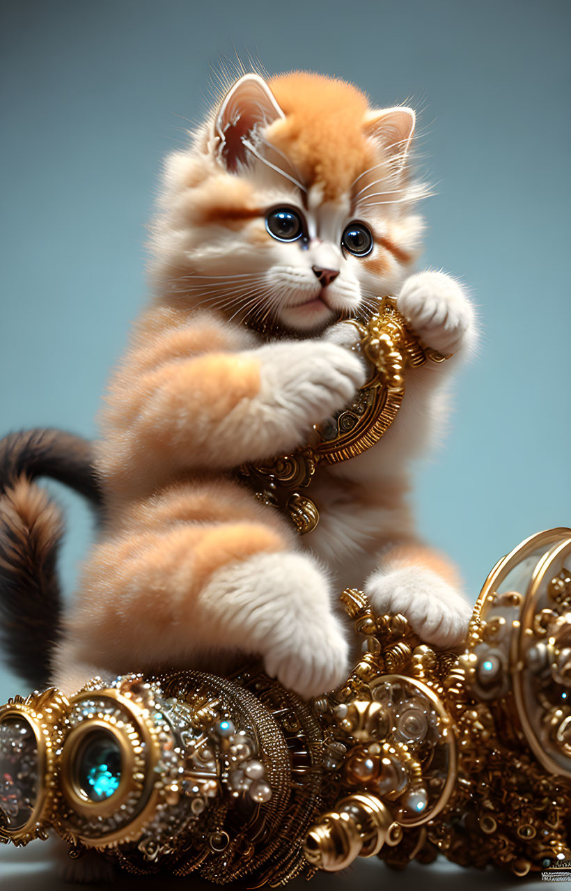 Fluffy golden-white kitten with golden pocket watch on blue background