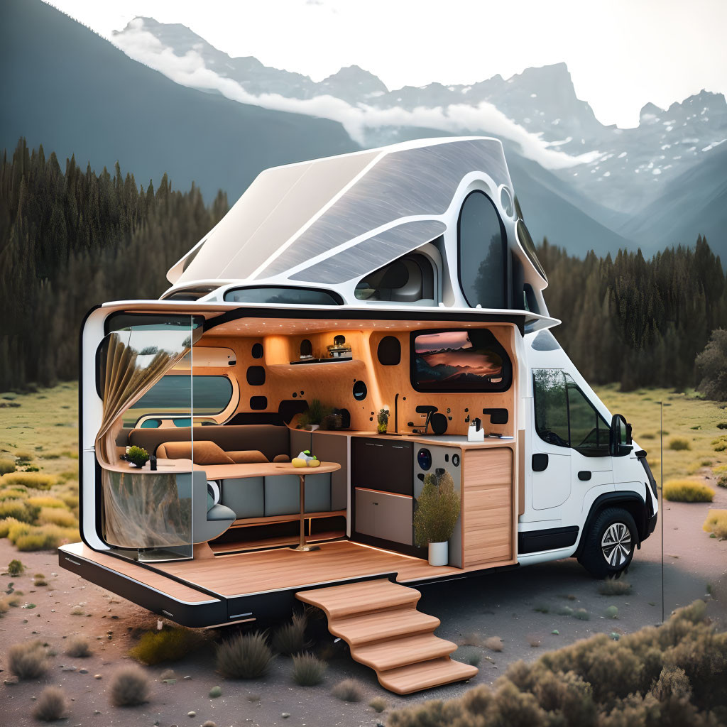 Modern Camper Van with Extended Transparent Living Space in Mountainous Setting