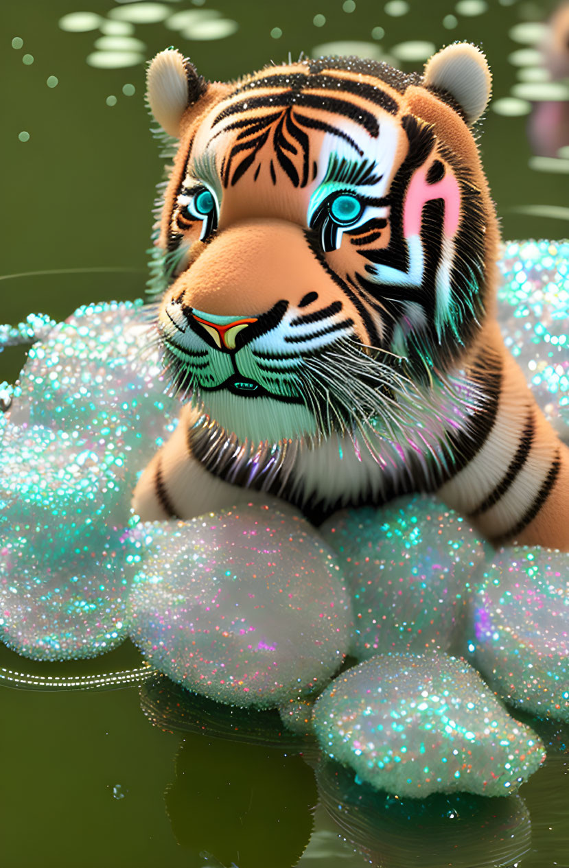 Vibrant neon tiger art with glowing stripes and sparkling orbs on water