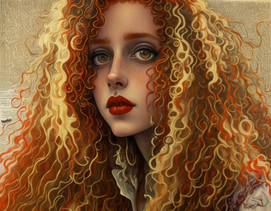 Striking digital portrait of a woman with red curly hair and gray eyes