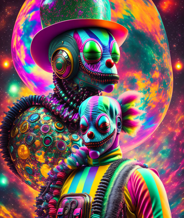 Vibrant robotic clown figures in cosmic setting