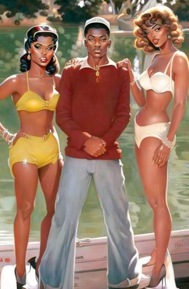 Fashionable man in red sweater with two women in bikinis by tranquil lake