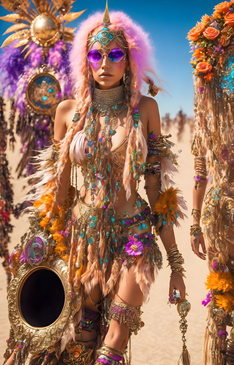 Elaborate festival attire with vibrant feathers and headdress in desert setting