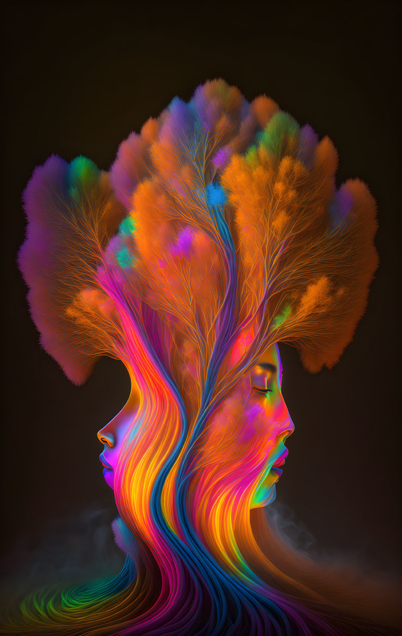 Colorful Digital Artwork: Profiles Merge with Wavy Lines into Tree Canopy