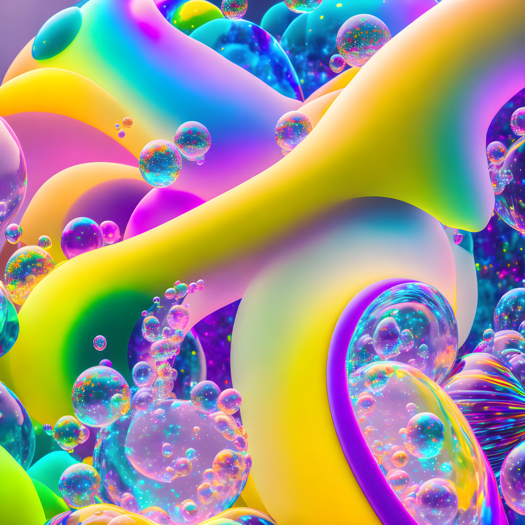 Abstract Digital Art: Vibrant Rainbow Shapes and Bubbles on Multicolored Background