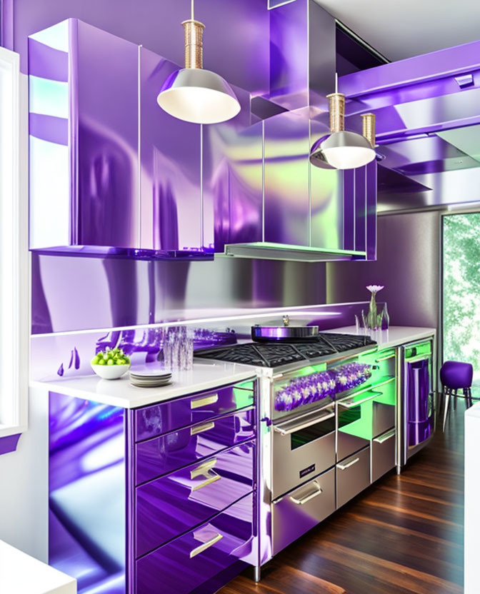 Modern Kitchen with Purple and Stainless Steel Cabinetry, White Pendant Lights, Wooden Flooring