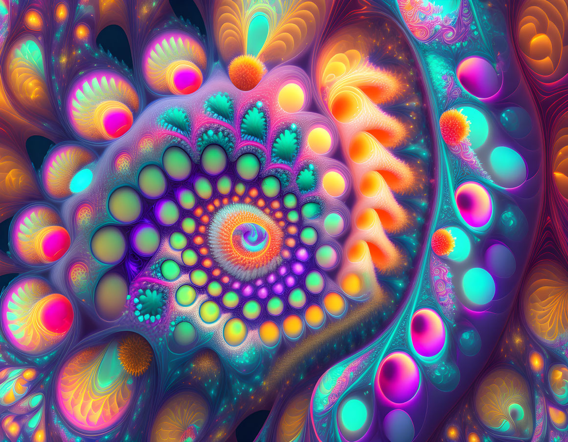 Colorful fractal art with swirling patterns and spherical elements