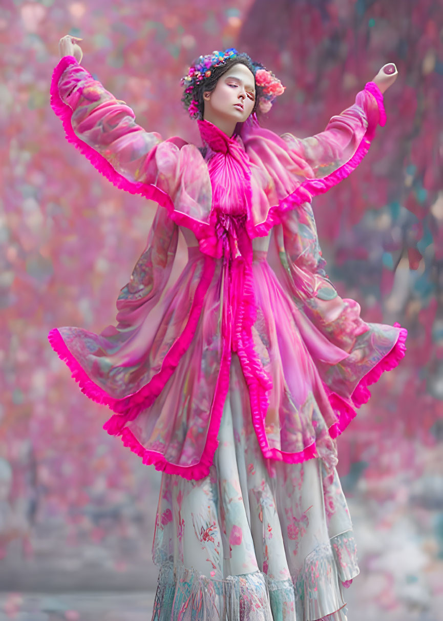 Person in Pink Floral Dress Dancing with Flowers in Hair