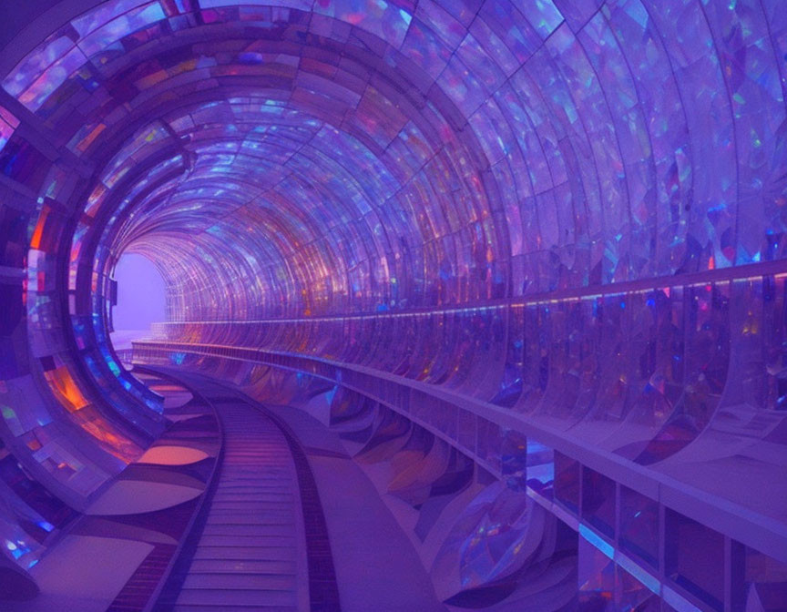 Vibrant illuminated tunnel with curved glass structure in shades of purple and blue