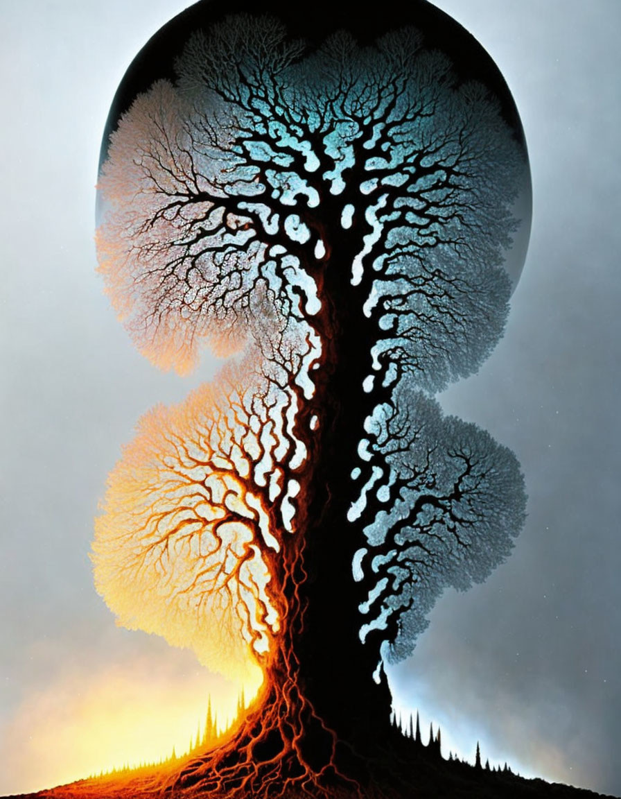 Vibrant surreal tree mirrored in circular frame with warm and cool tones