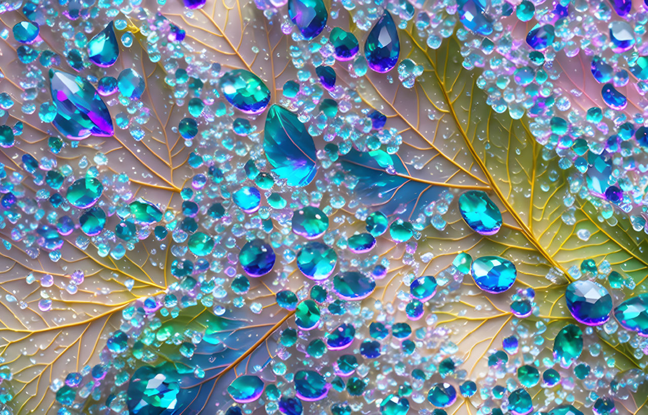 Macro photography: Vibrant water droplets on metallic surface with leaf patterns