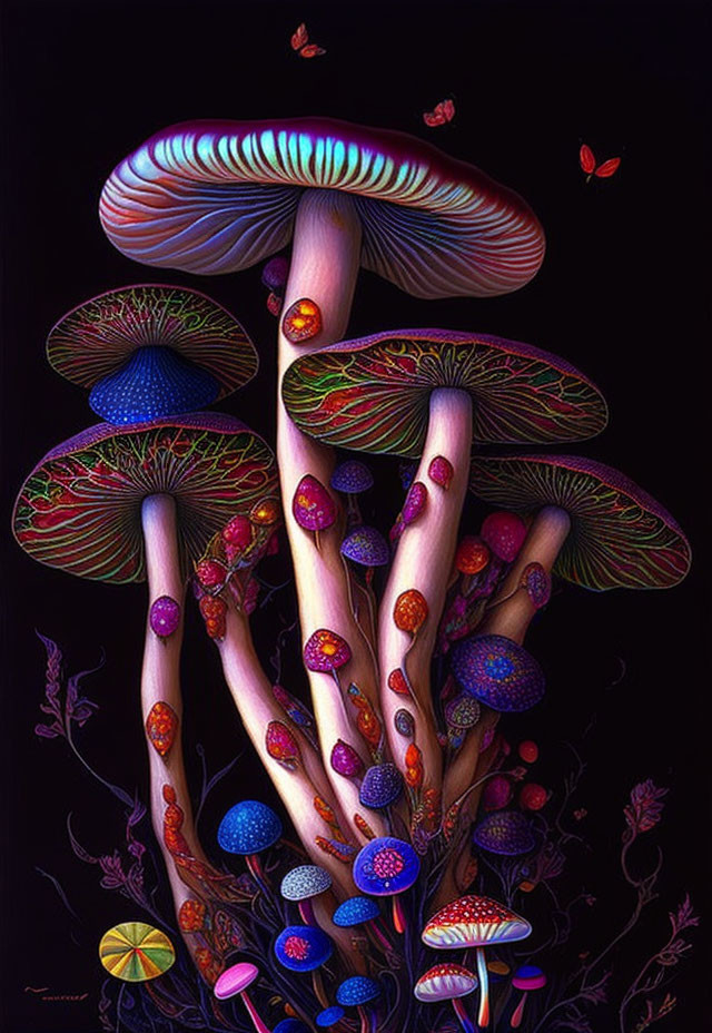 Vibrant Mushroom Illustration with Butterflies on Dark Background