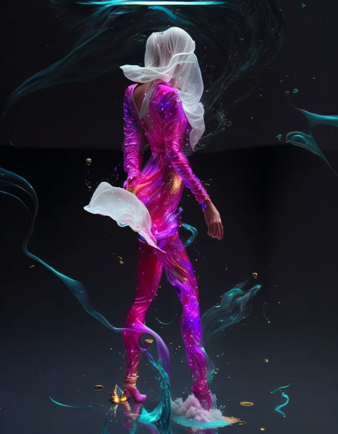 Glowing purple bodysuit with flowing white and teal fabric on dark background