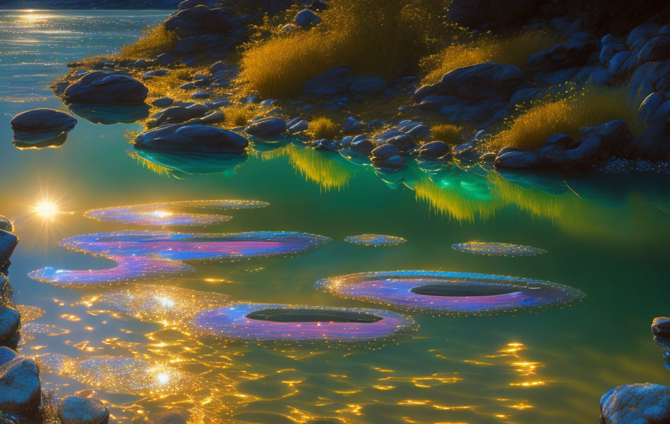 Tranquil River with Sparkling Water, Sun Reflection, Golden Grass, and Smooth Rocks at D