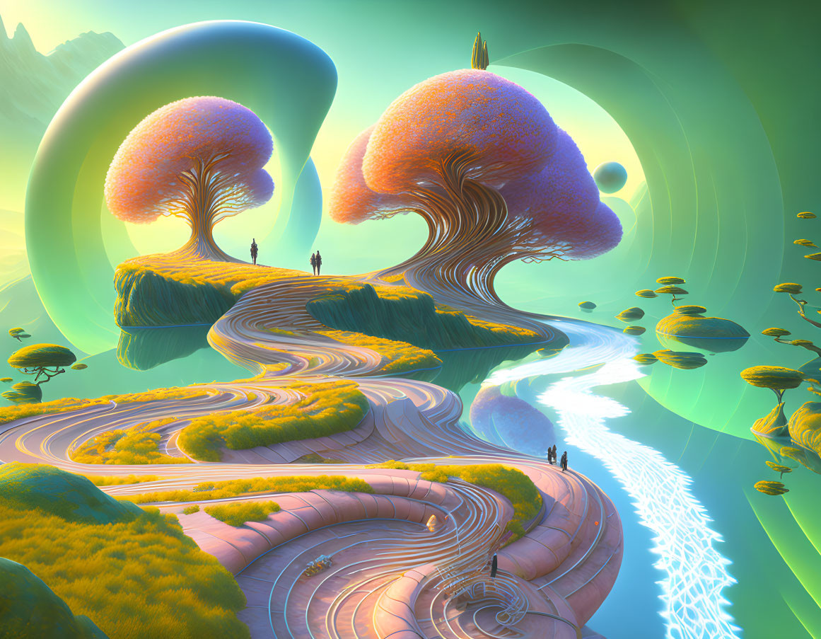 Surreal landscape with colossal mushroom-shaped trees and floating islands