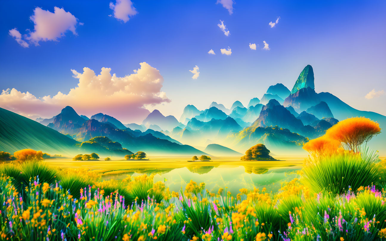 Scenic landscape with lush greenery, colorful flowers, tranquil lake, mountains, and dramatic sky