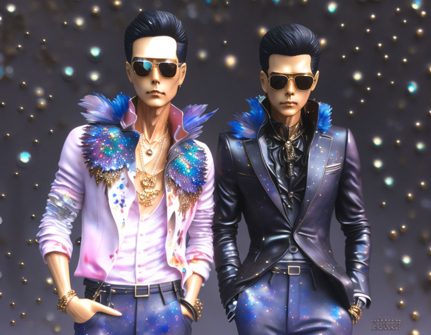 Stylized male figures with pompadour hairstyles in ornate jackets against a sparkling backdrop