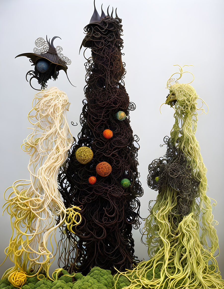 Intricate swirling sculptures with organic shapes in dark brown, beige, and green