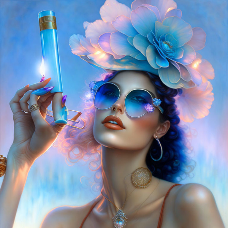 Woman in Floral Headpiece Holding Glowing Blue Tube