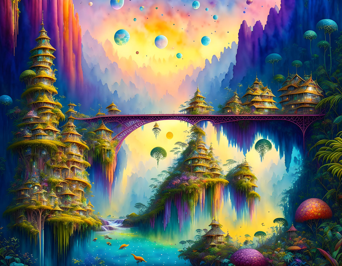 Colorful fantasy landscape with tree-like structures, ornate bridge, and floating orbs