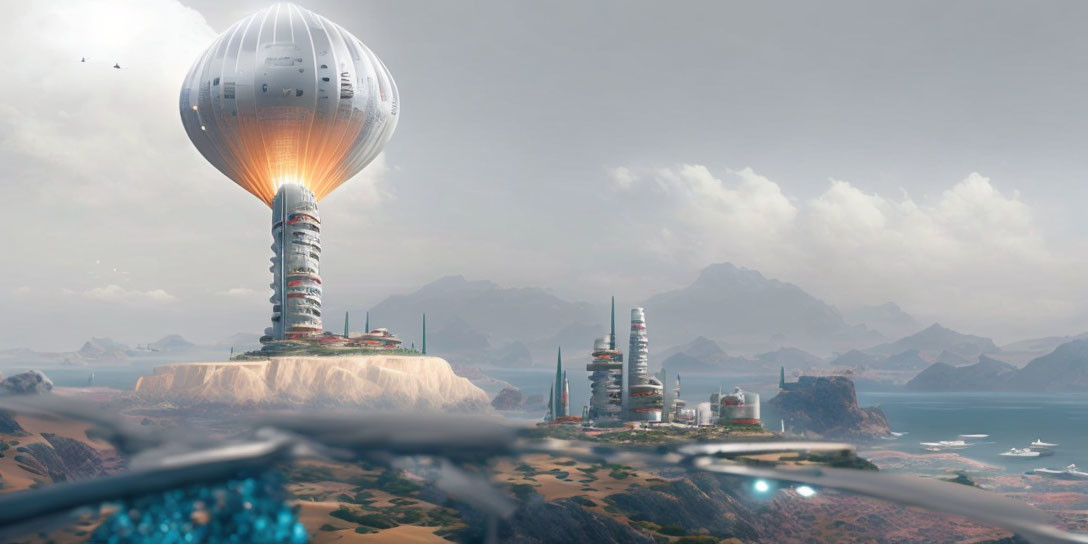 Futuristic cityscape with balloon-like structure overlooking sea