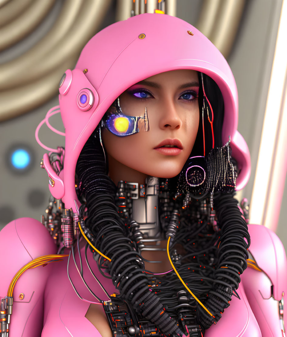 Futuristic female cyborg with pink helmet and high-tech monocle